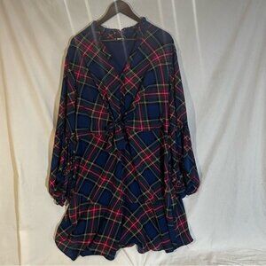 Cato 22/24W Plaid Tie Waist Dress Navy Red Green Long Sleeve Plus